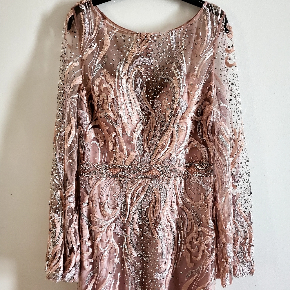 Embellished Long Sleeve Evening Dress in Blush Pink